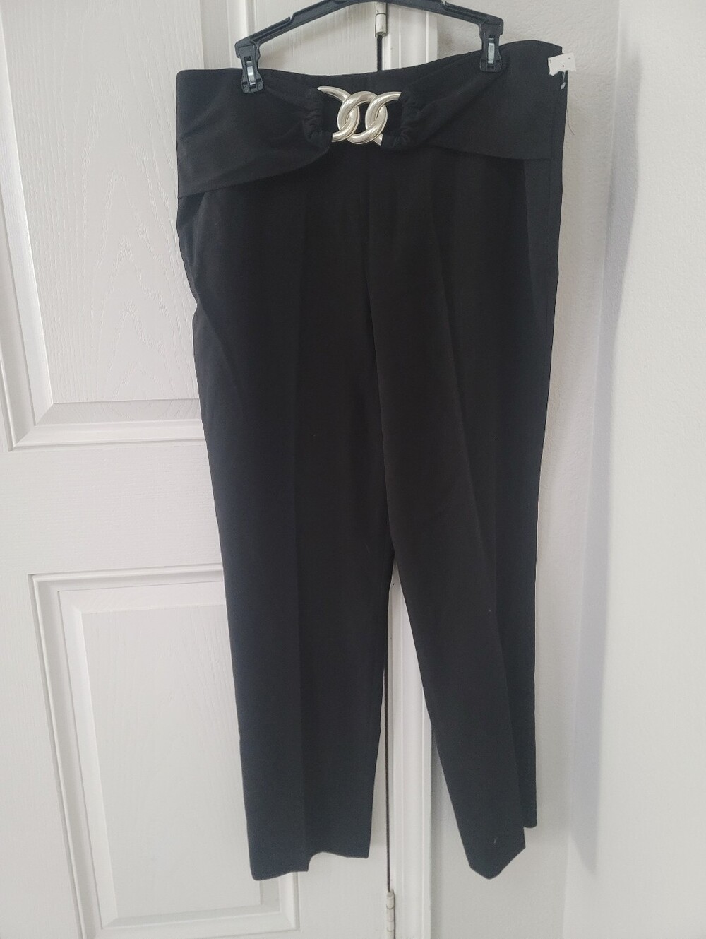 Larry Levine Stretch High-Waist Black Ankle Pants with Decorative Silver Buckle